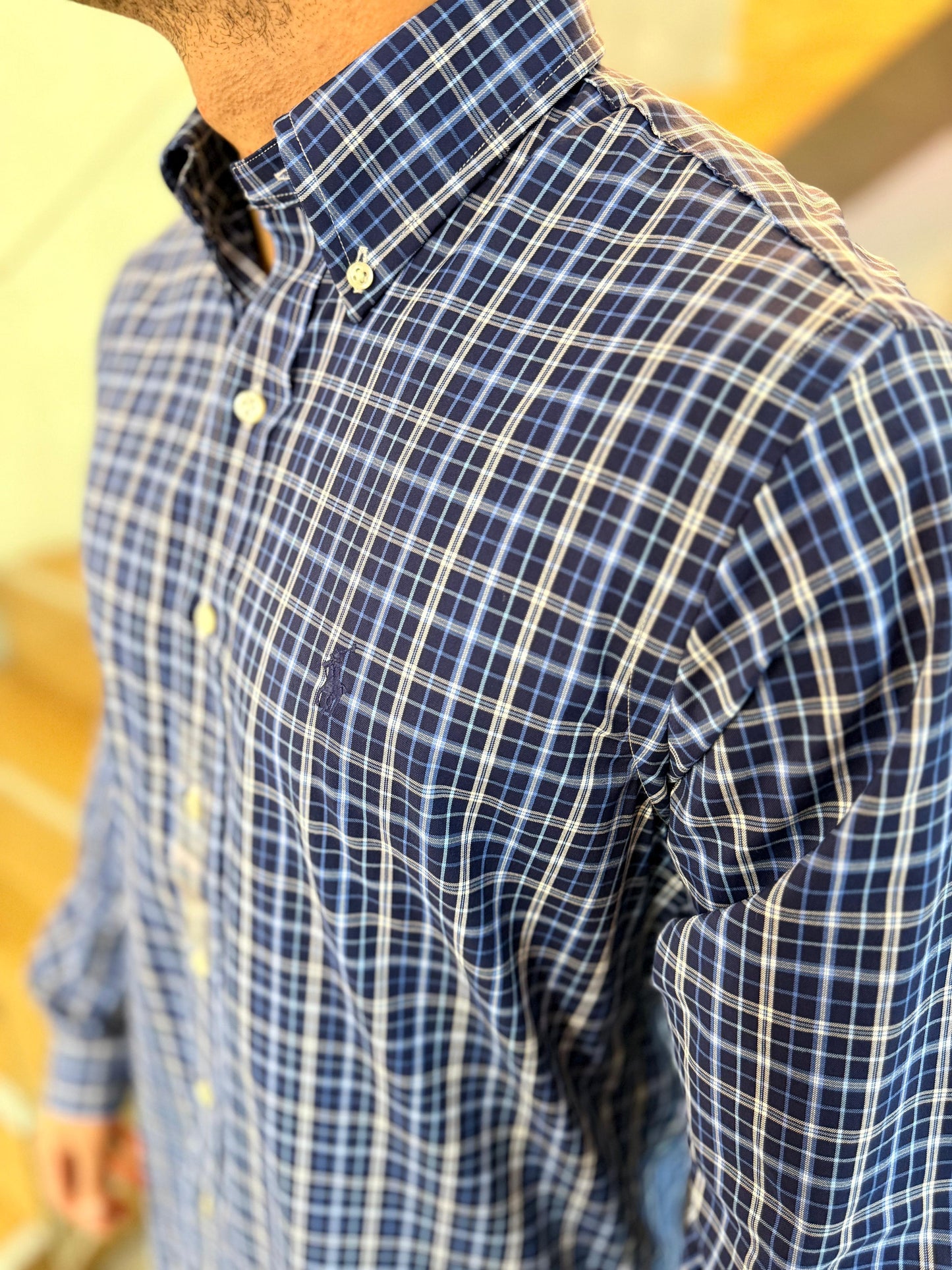 Camisa Polo R.L hombre Performance Cuadros Azules Caballo Azul