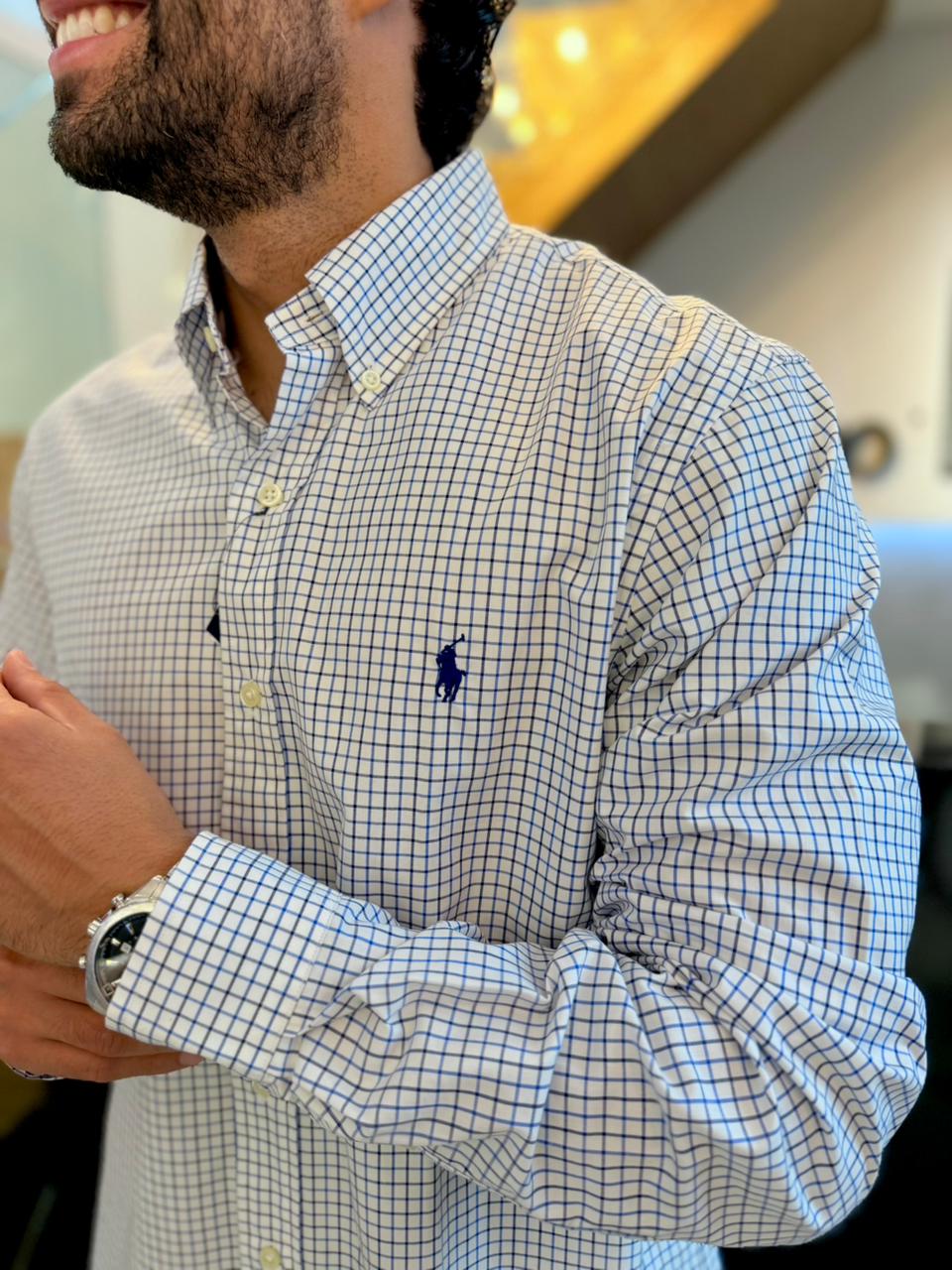 Camisa Polo R.L hombre Algodón Cuadros Blancos Caballo Azul