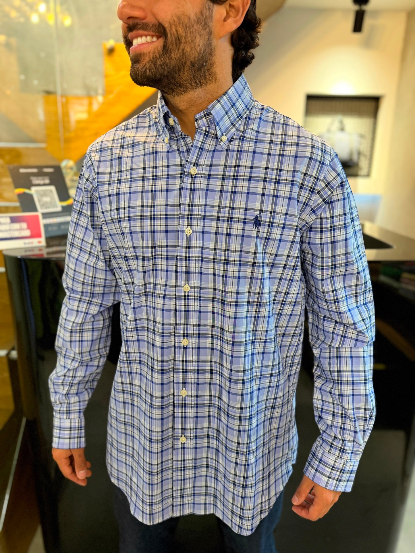 Camisa Polo R.L hombre Algodón Cuadros Azules Con Negro Caballo Azul