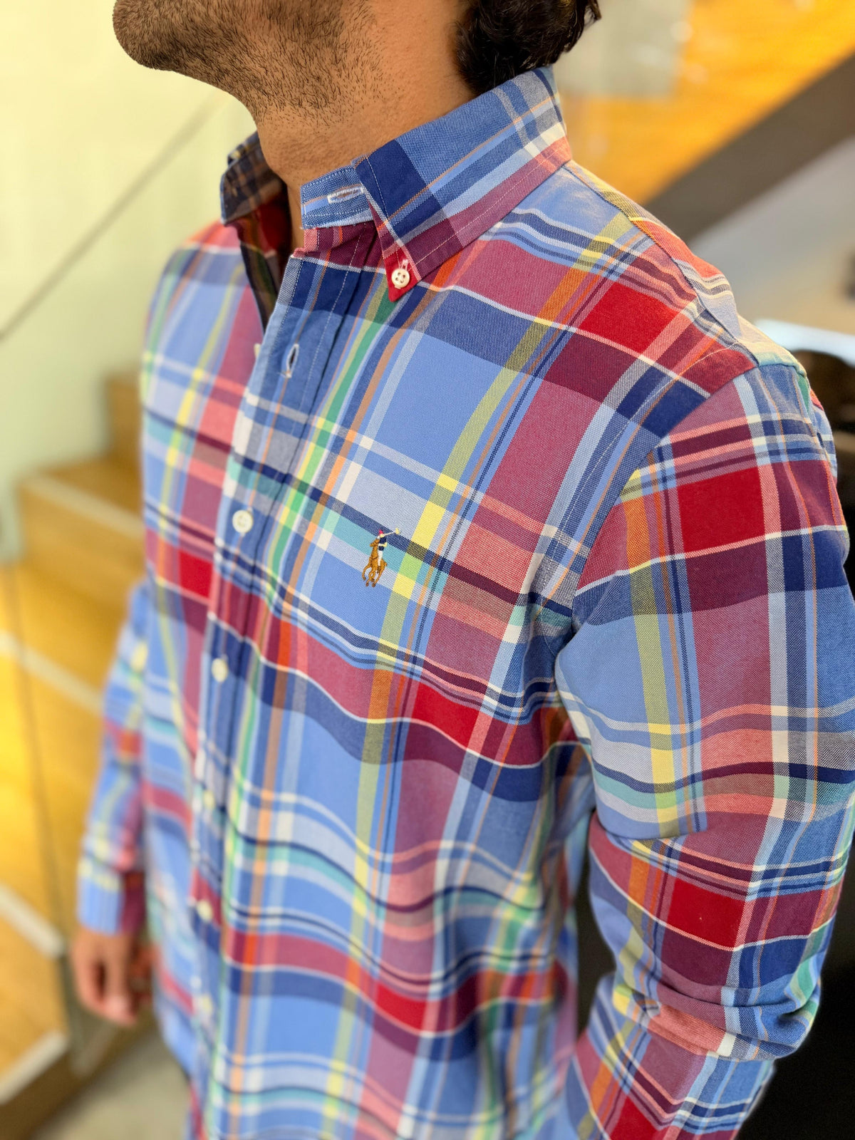 Camisa Polo R.L hombre Oxford Cuadros Rojos con Celeste Caballo Multicolor