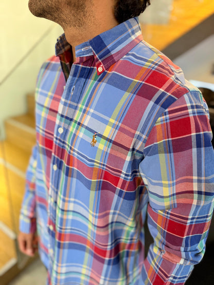 Camisa Polo R.L hombre Oxford Cuadros Rojos con Celeste Caballo Multicolor