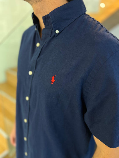 Camisa Polo R.L hombre Azul Manga Corta Lino