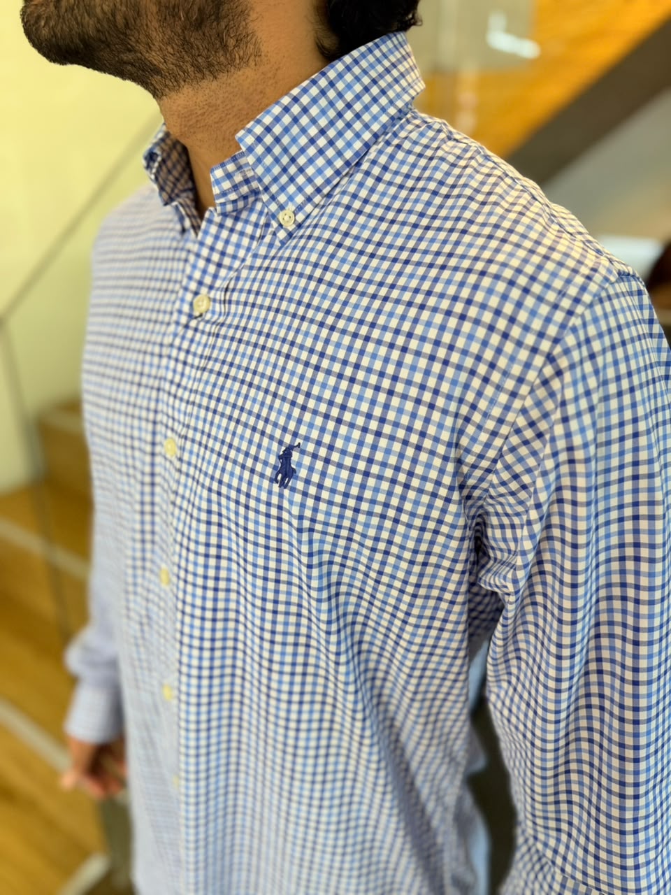 Camisa Polo R.L hombre Algodón Performance Cuadros Azules Con Blanco Caballo Azul