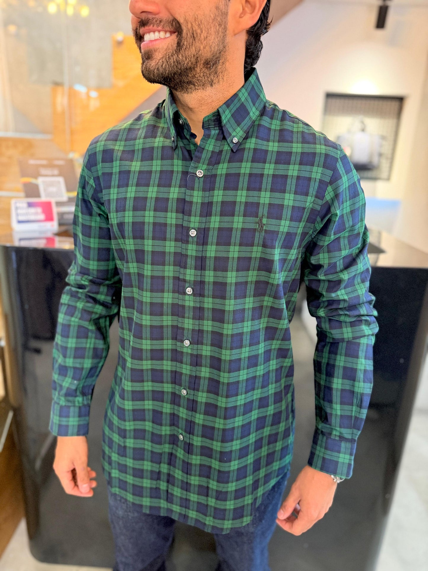 Camisa Polo R.L hombre Algodón Cuadros Verdes Caballo Negro