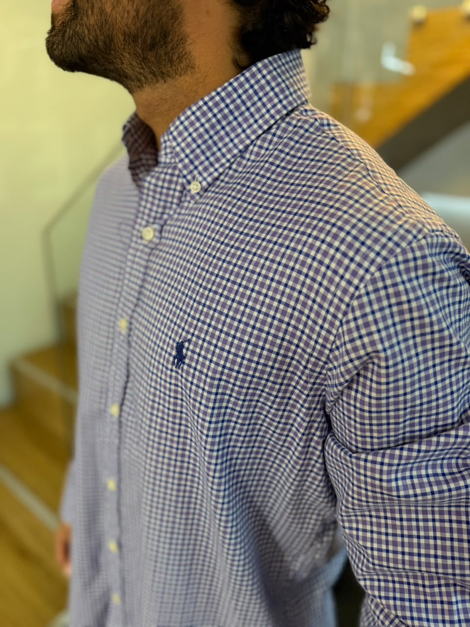 Camisa Polo R.L hombre Algodón Cuadros Uva Con Morado Caballo Azul