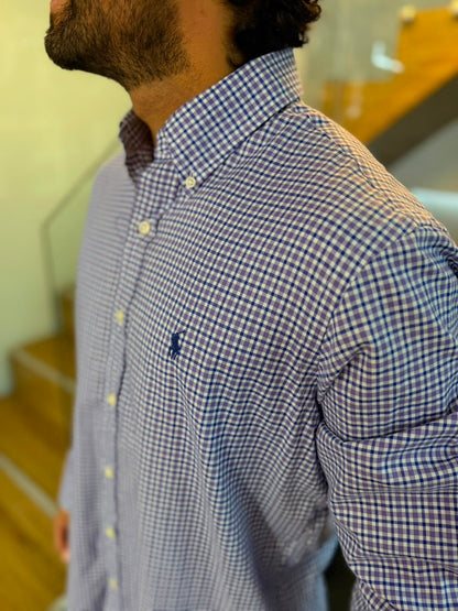 Camisa Polo R.L hombre Algodón Cuadros Uva Con Morado Caballo Azul
