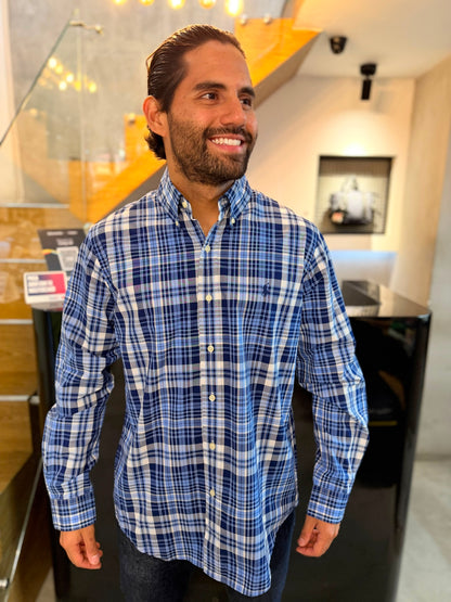 Camisa Polo R.L hombre Algodón Cuadros Azules Con Blanco Caballo Azul