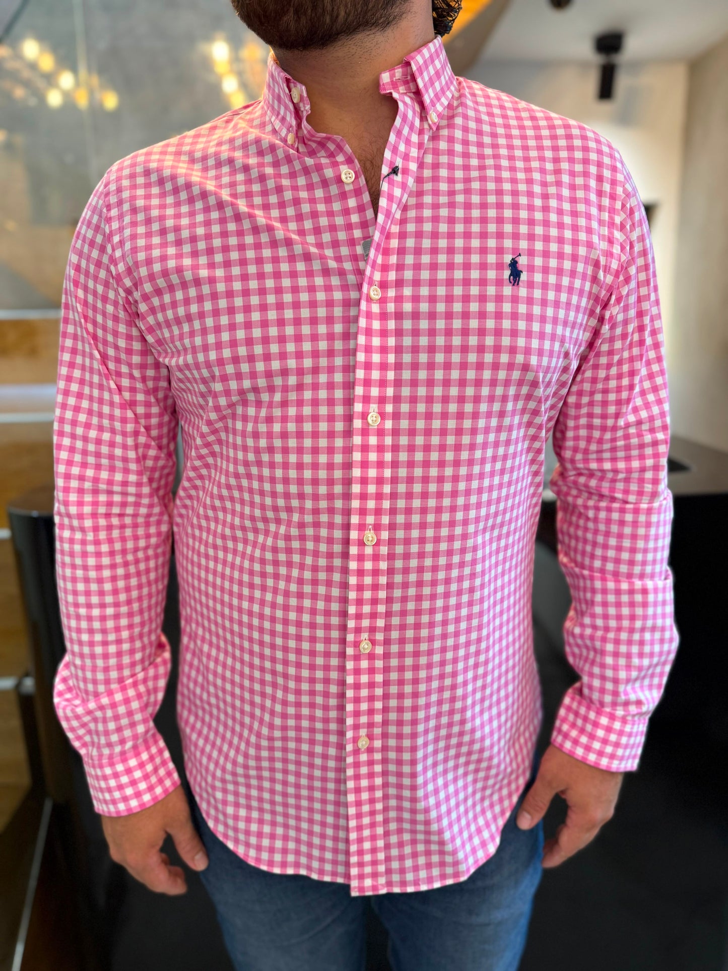 Camisa Polo R.L hombre Algodón Slim Fit Cuadros Rosados Caballo Azul