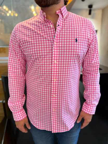Camisa Polo R.L hombre Algodón Slim Fit Cuadros Rosados Caballo Azul