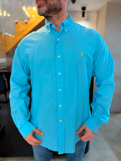 Camisa Polo R.L hombre Oxford Celeste Caballo Amarillo