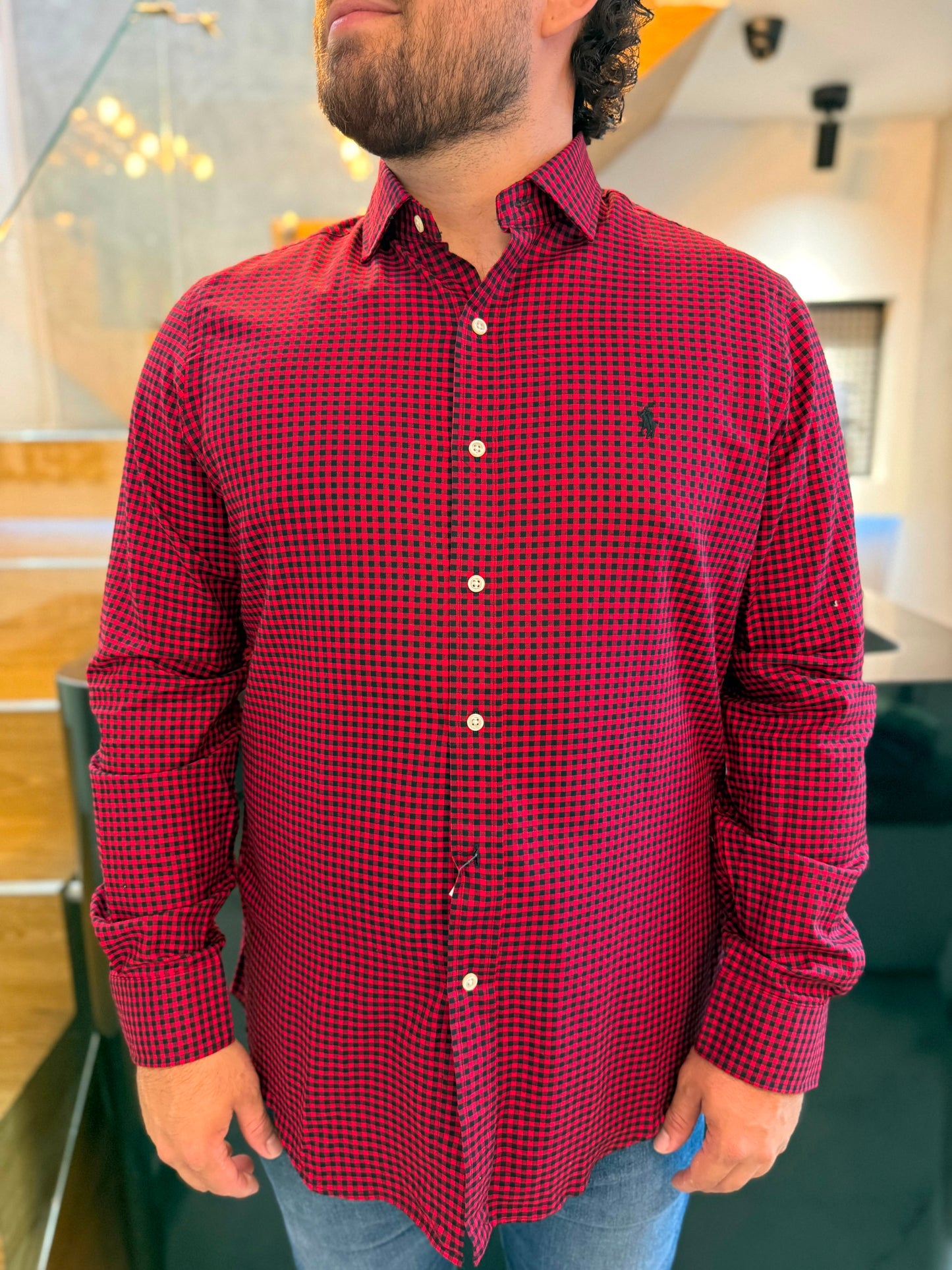 Camisa Polo R.L hombre Algodón Cuadros Rojos Caballo Negro