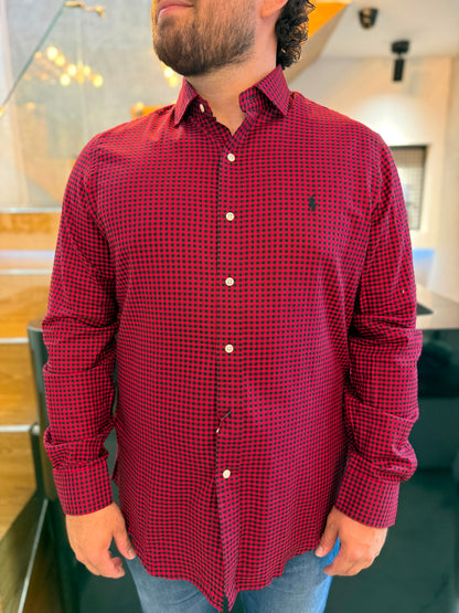 Camisa Polo R.L hombre Algodón Cuadros Rojos Caballo Negro