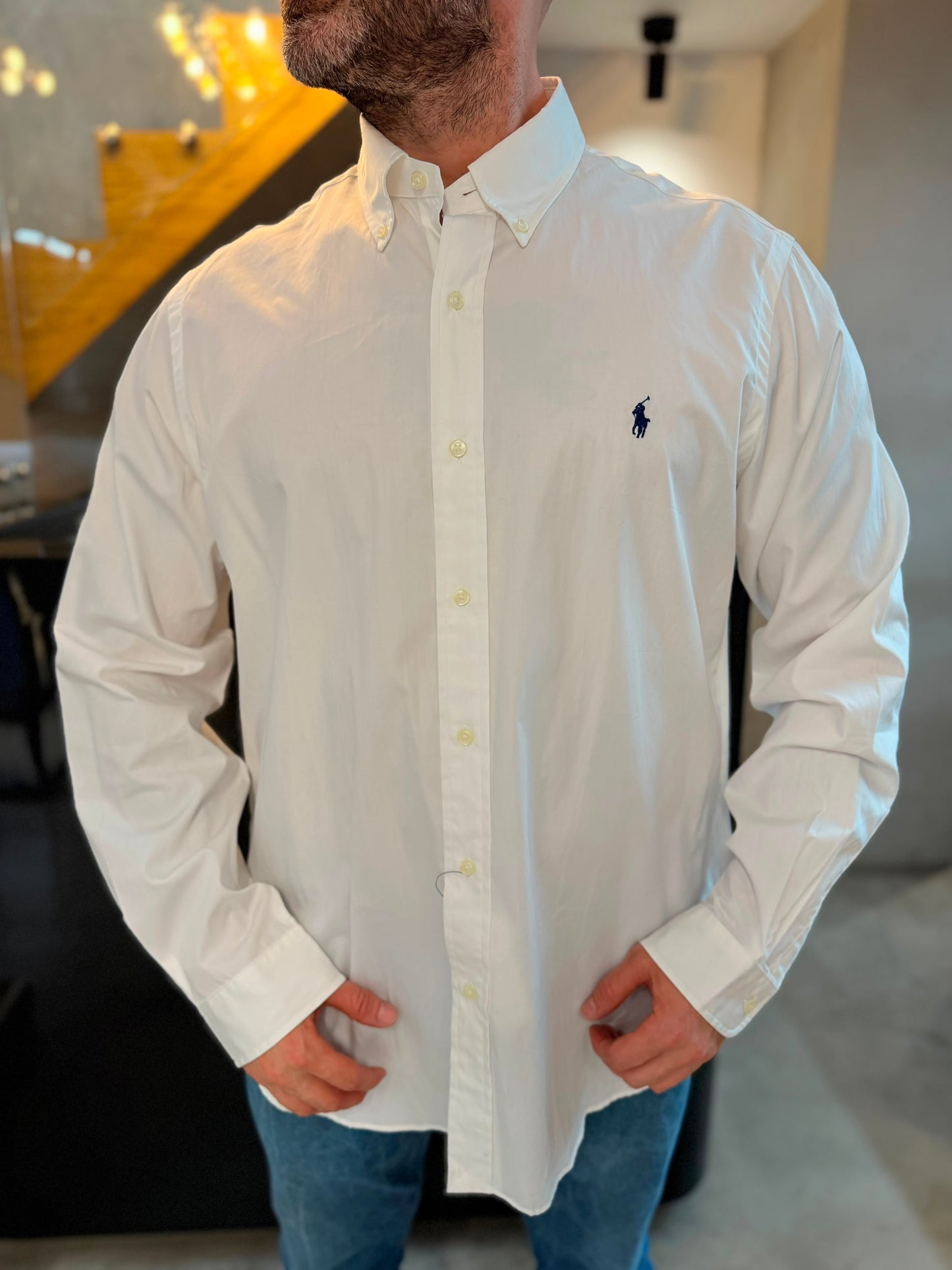 Camisa Polo R.L hombre Algodón Blanca Caballo Azul
