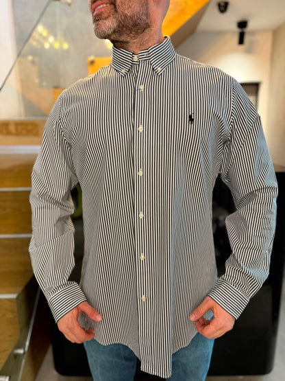 Camisa Polo R.L hombre Algodón Rayas Negras Con Blanco Caballo Negro