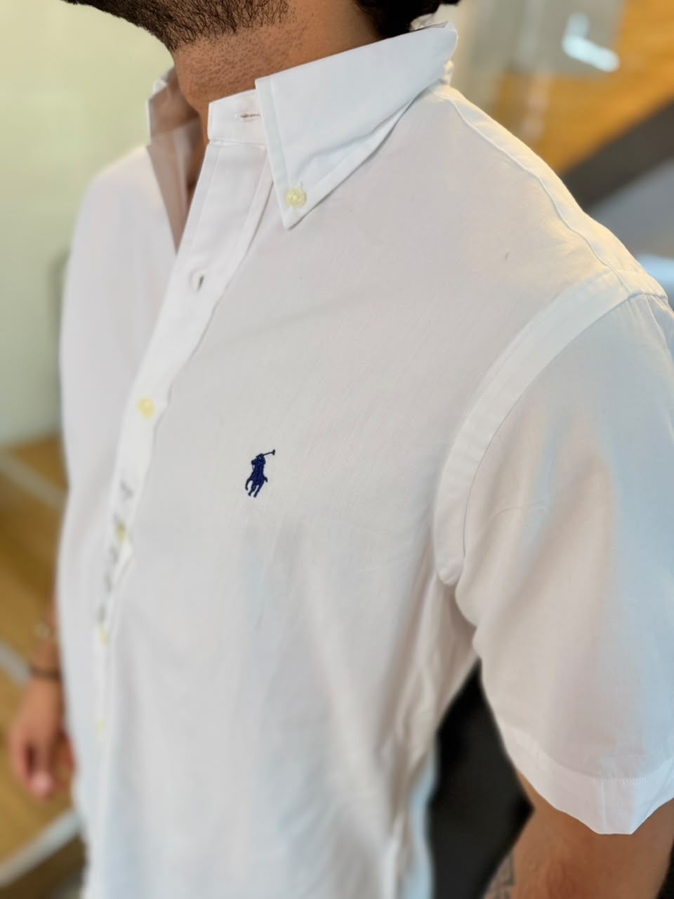 Camisa Polo R.L hombre Algodón Manga Corta Blanca Caballo Azul