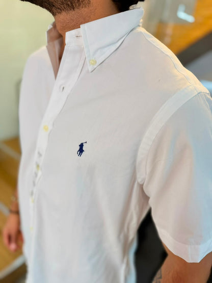 Camisa Polo R.L hombre Algodón Manga Corta Blanca Caballo Azul