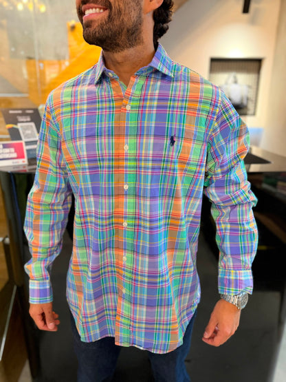 Camisa Polo R.L hombre Algodón Cuadros Colores Caballo Azul