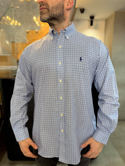 Camisa Polo R.L hombre Algodón Cuadros Azules Con Blanco Caballo Azul