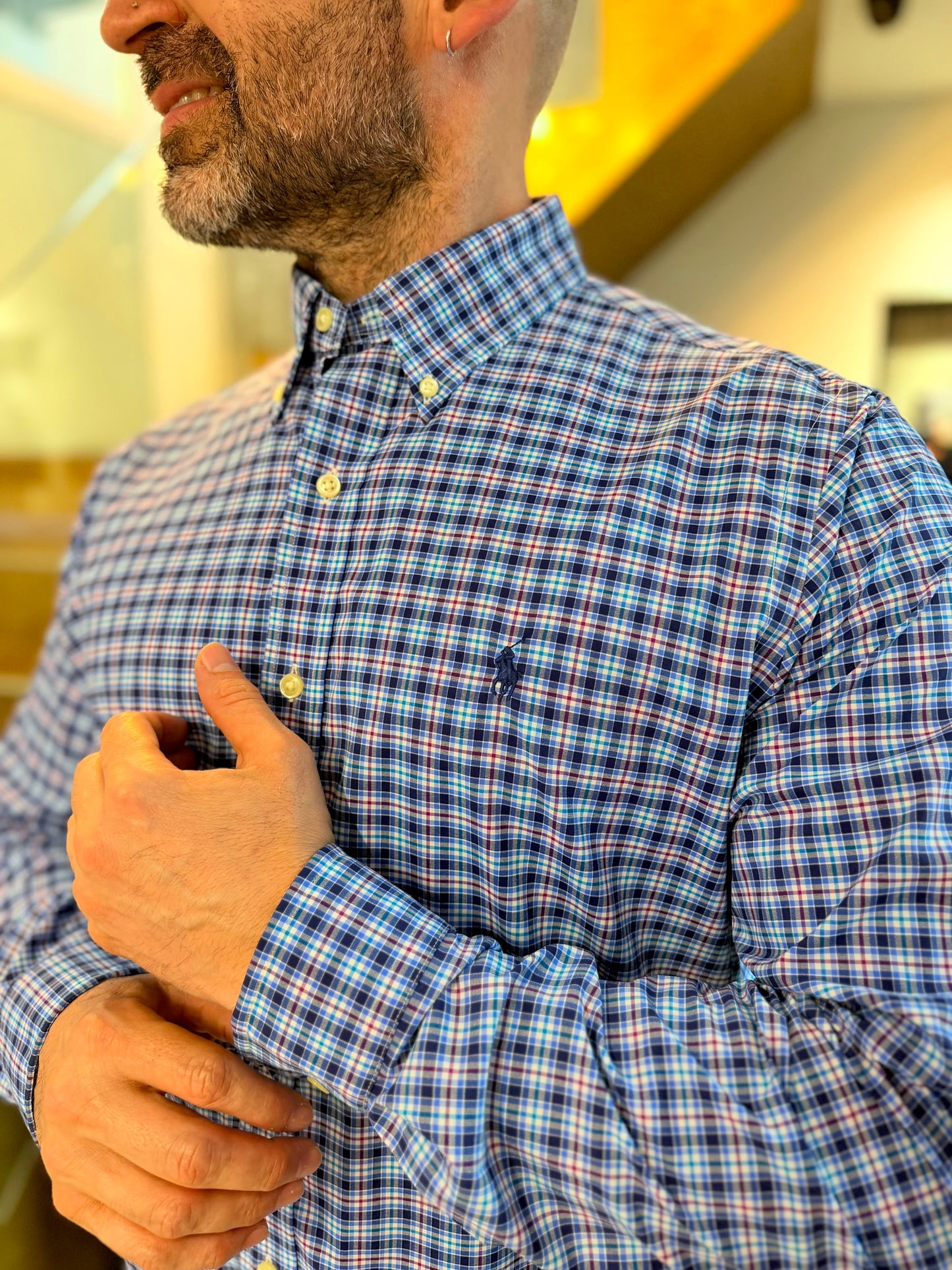 Camisa Polo R.L hombre Algodón Performance Cuadros Azules Caballo Azul