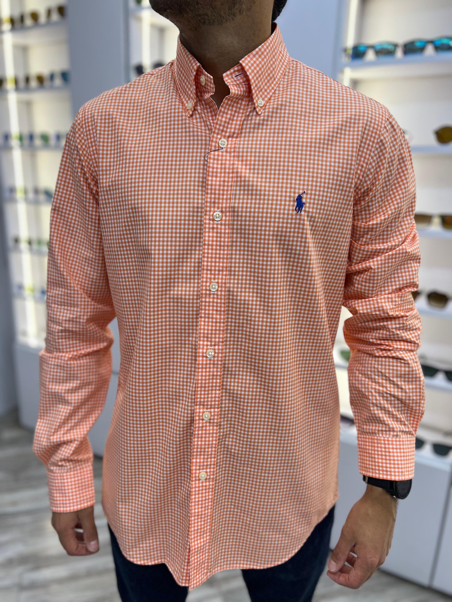 Camisa Polo R.L hombre Cuadros naranjas