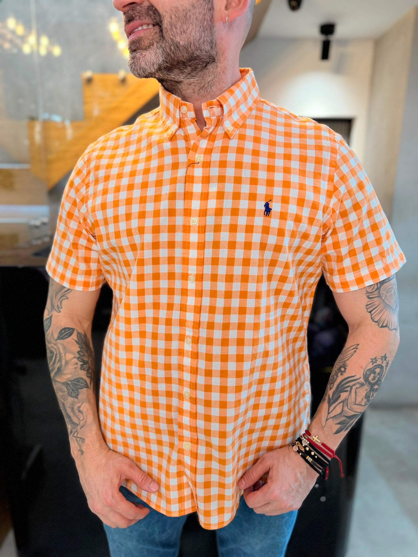 Camisa Polo R.L hombre Algodón Manga Corta Cuadros Naranjas Con Blanco Caballo Azul