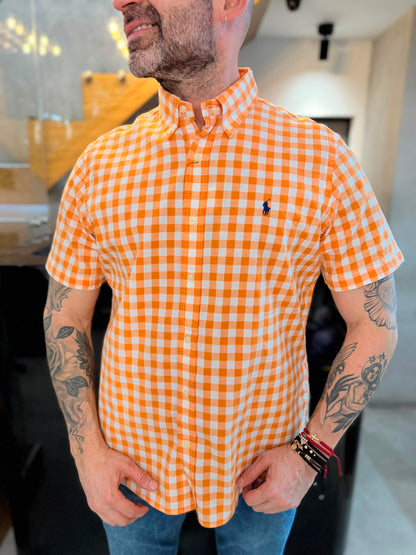 Camisa Polo R.L hombre Algodón Manga Corta Cuadros Naranjas Con Blanco Caballo Azul