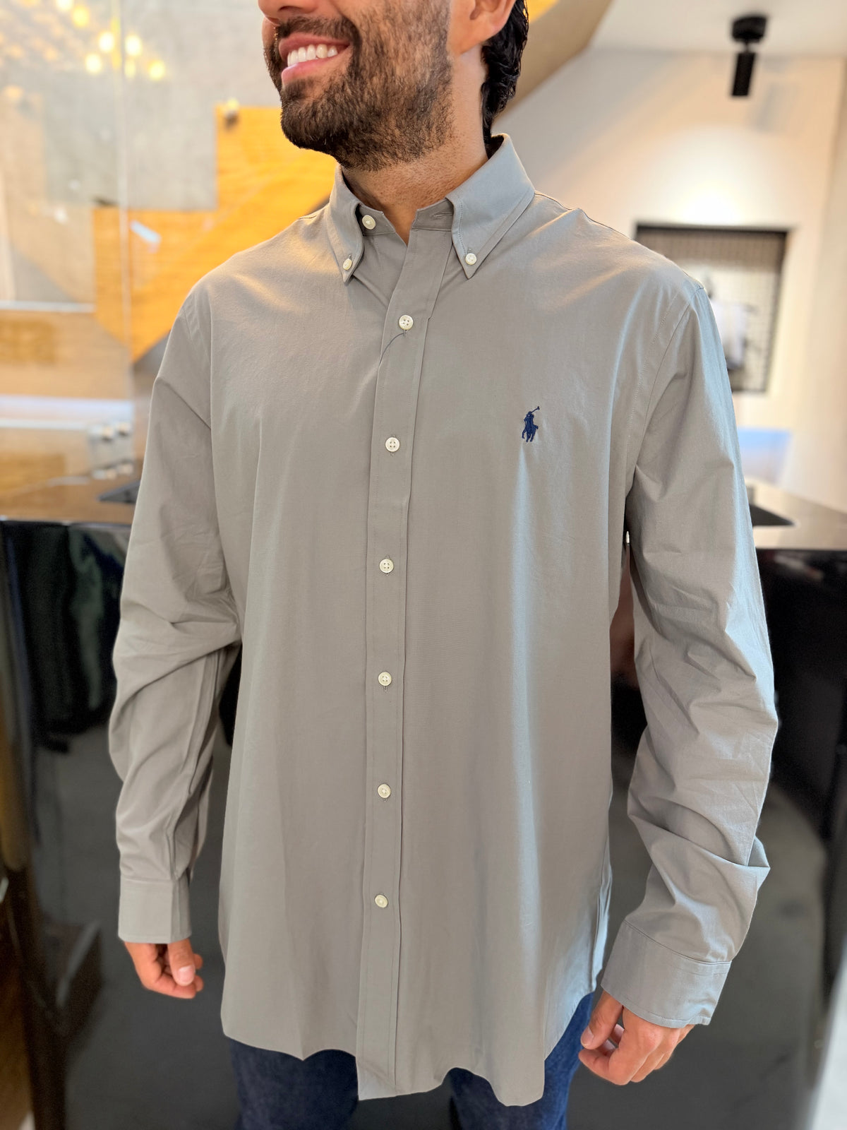 Camisa Polo R.L hombre Performance Gris Caballo Azul