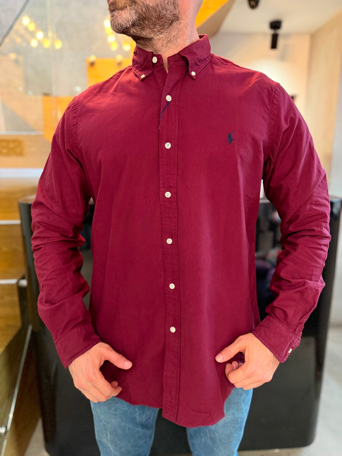 Camisa Polo R.L hombre Oxford Vino Tinto Caballo Azul