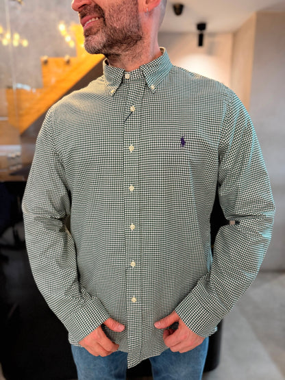 Camisa Polo R.L hombre Algodón Cuadros Verdes Con Blanco Caballo Morado