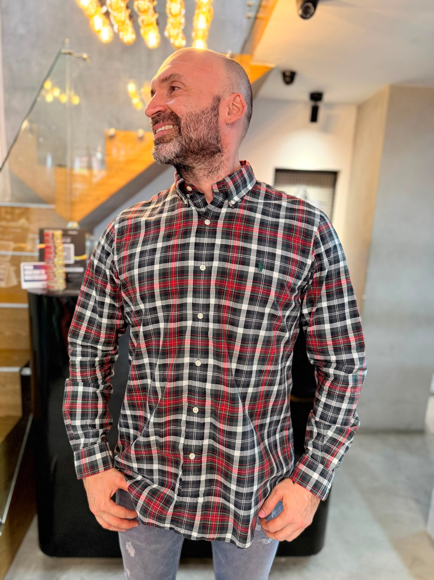 Camisa Polo R.L hombre Algodón Cuadros Grises Con Rojo Caballo Verde