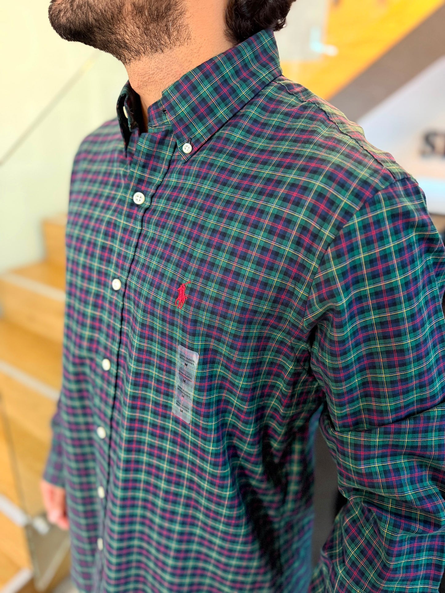 Camisa Polo R.L hombre Algodón Cuadros Verdes Con Azul Caballo Rojo