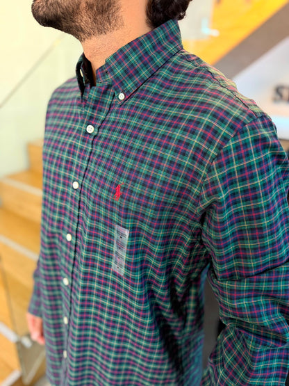 Camisa Polo R.L hombre Algodón Cuadros Verdes Con Azul Caballo Rojo