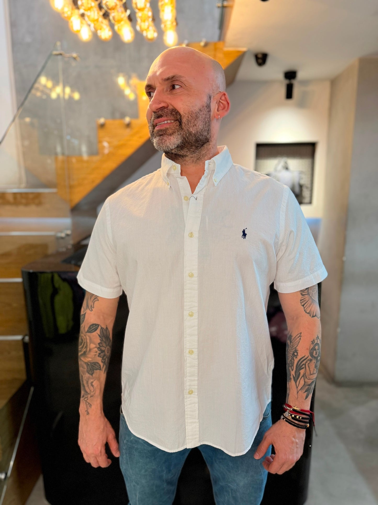 Camisa Polo R.L hombre Manga Corta Galleta Blanca Caballo Azul