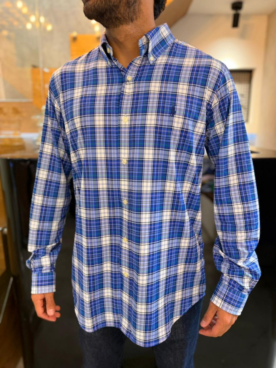 Camisa Polo R.L hombre Algodón Cuadros Azules Caballo Azul