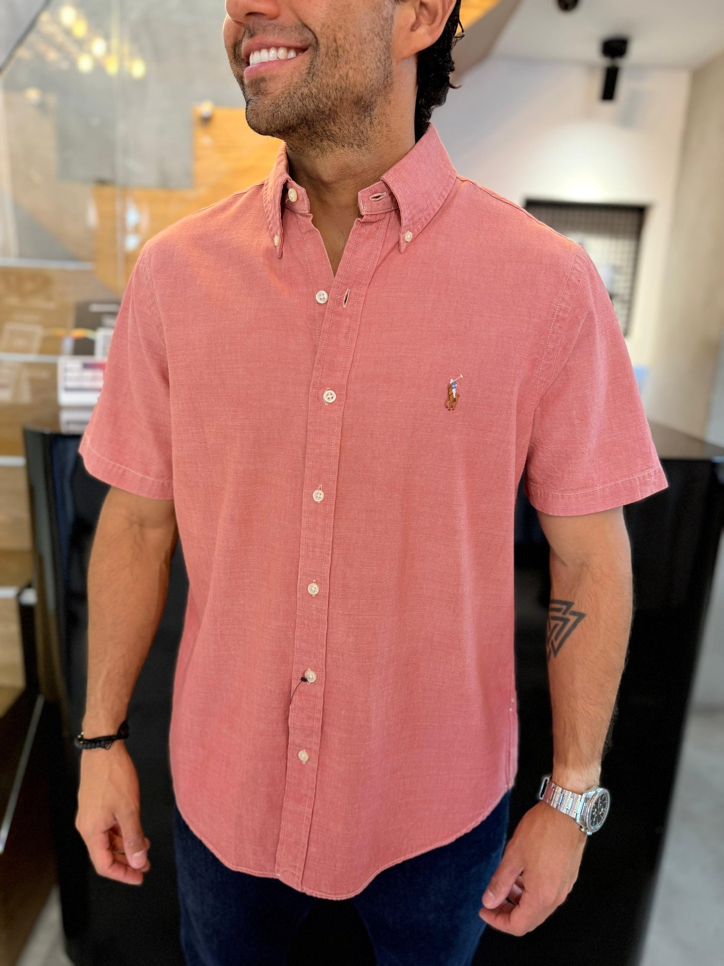 Camisa Polo R.L hombre Algodón Manga Corta Coral Claro
