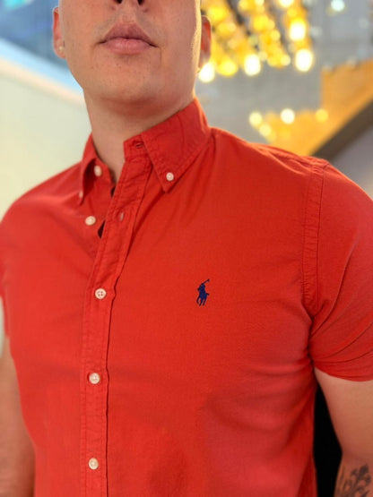 Camisa Polo R.L hombre Oxford Manga Corta Coral Caballo Azul