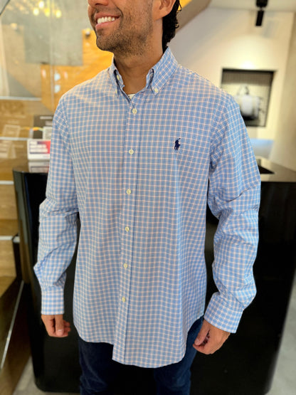 Camisa Polo R.L hombre Algodón Cuadros Celestes con Rosado Caballo Azul