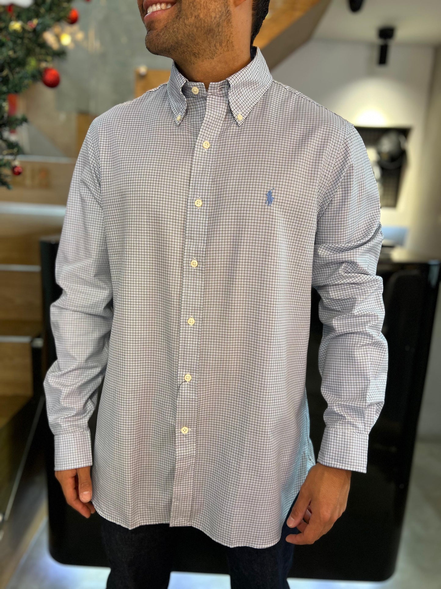 Camisa Polo R.L hombre Algodón Cuadros Caballo Celeste