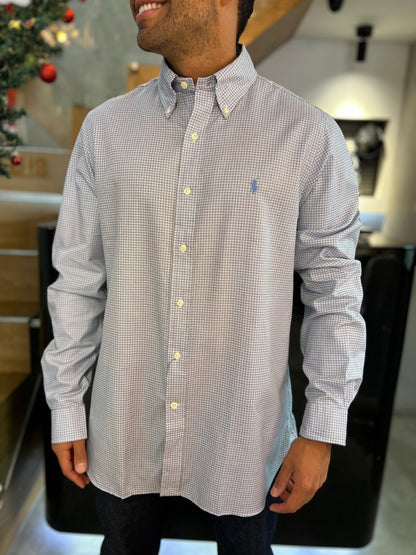 Camisa Polo R.L hombre Algodón Cuadros Caballo Celeste