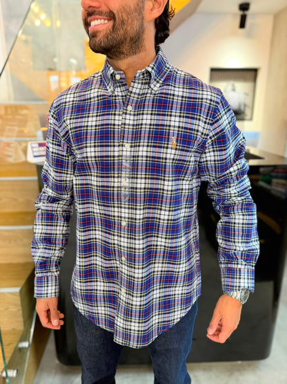 Camisa Polo R.L hombre Oxford Cuadros Azules Con Blanco Caballo Multicolor