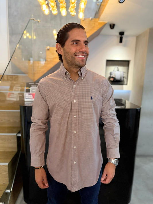 Camisa Polo R.L hombre Algodón Cuadros Vinotinto con Café Caballo Azul