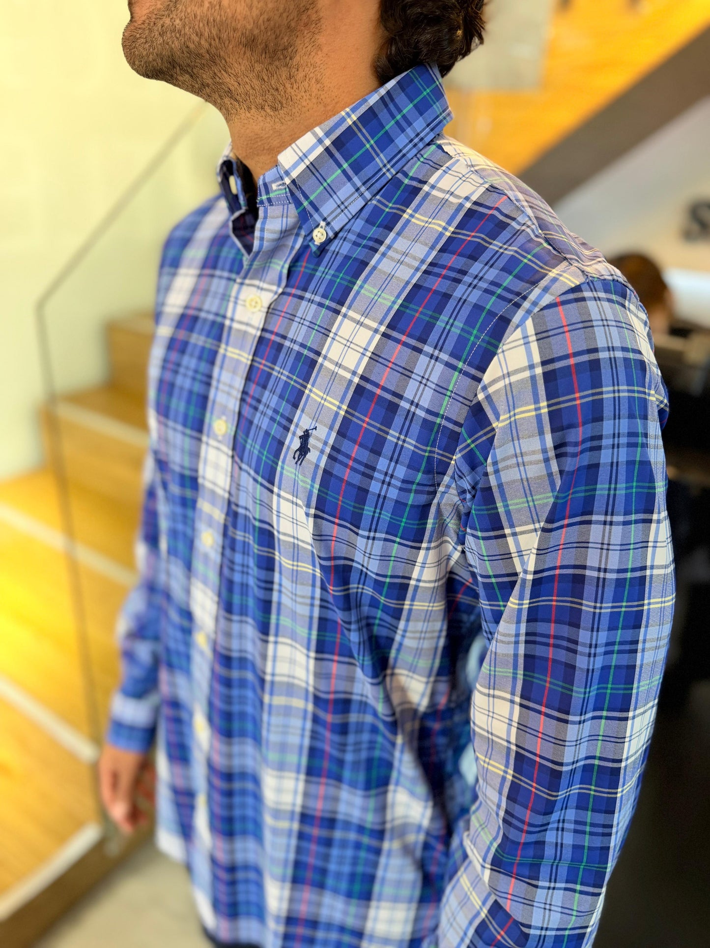 Camisa Polo R.L hombre Performance Cuadros Azules Caballo Azul