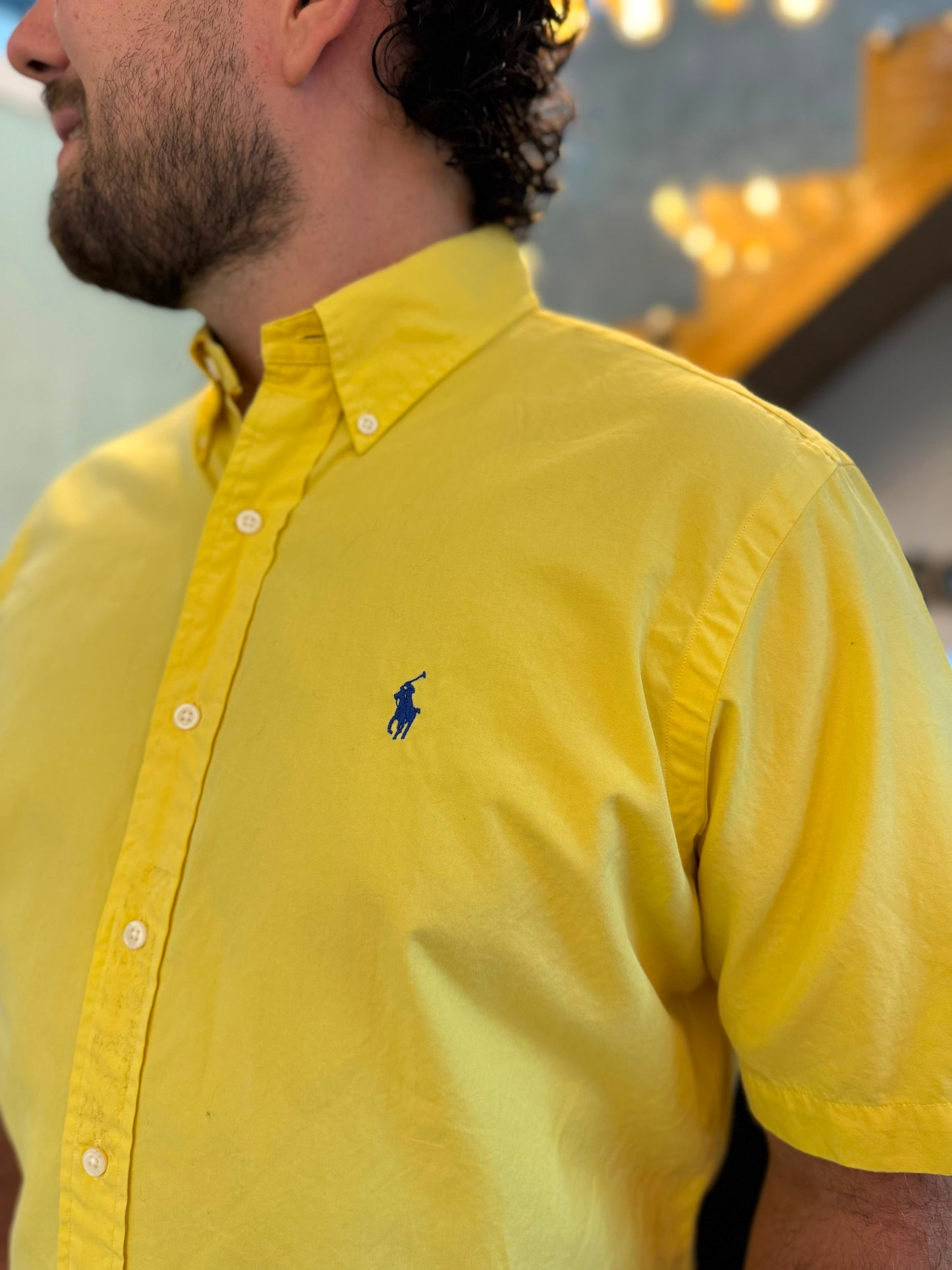 Camisa Polo R.L hombre Algodón Manga Corta Amarilla Caballo Azul