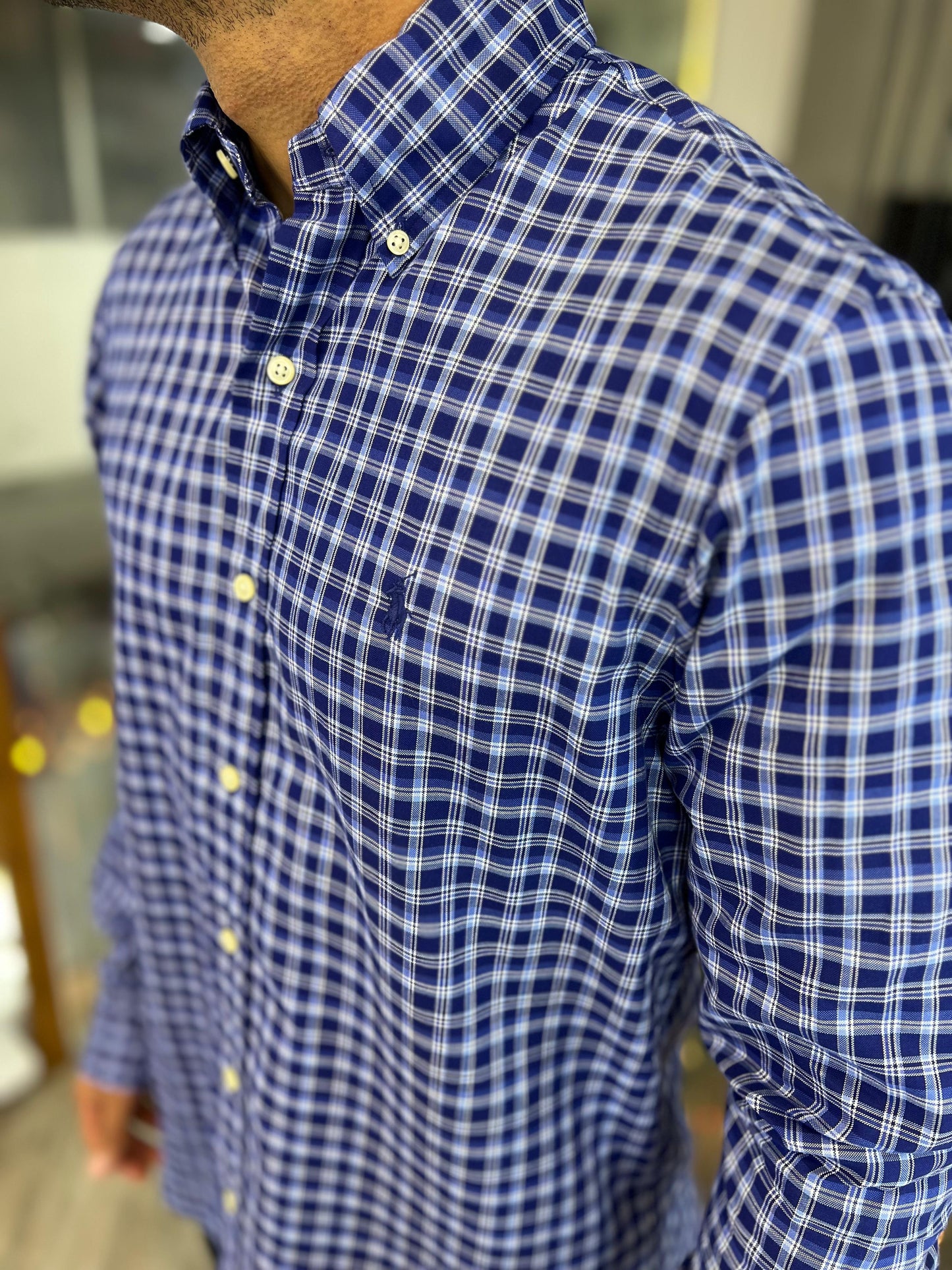 Camisa Polo R.L hombre Algodón Cuadros Azules Caballo Azul