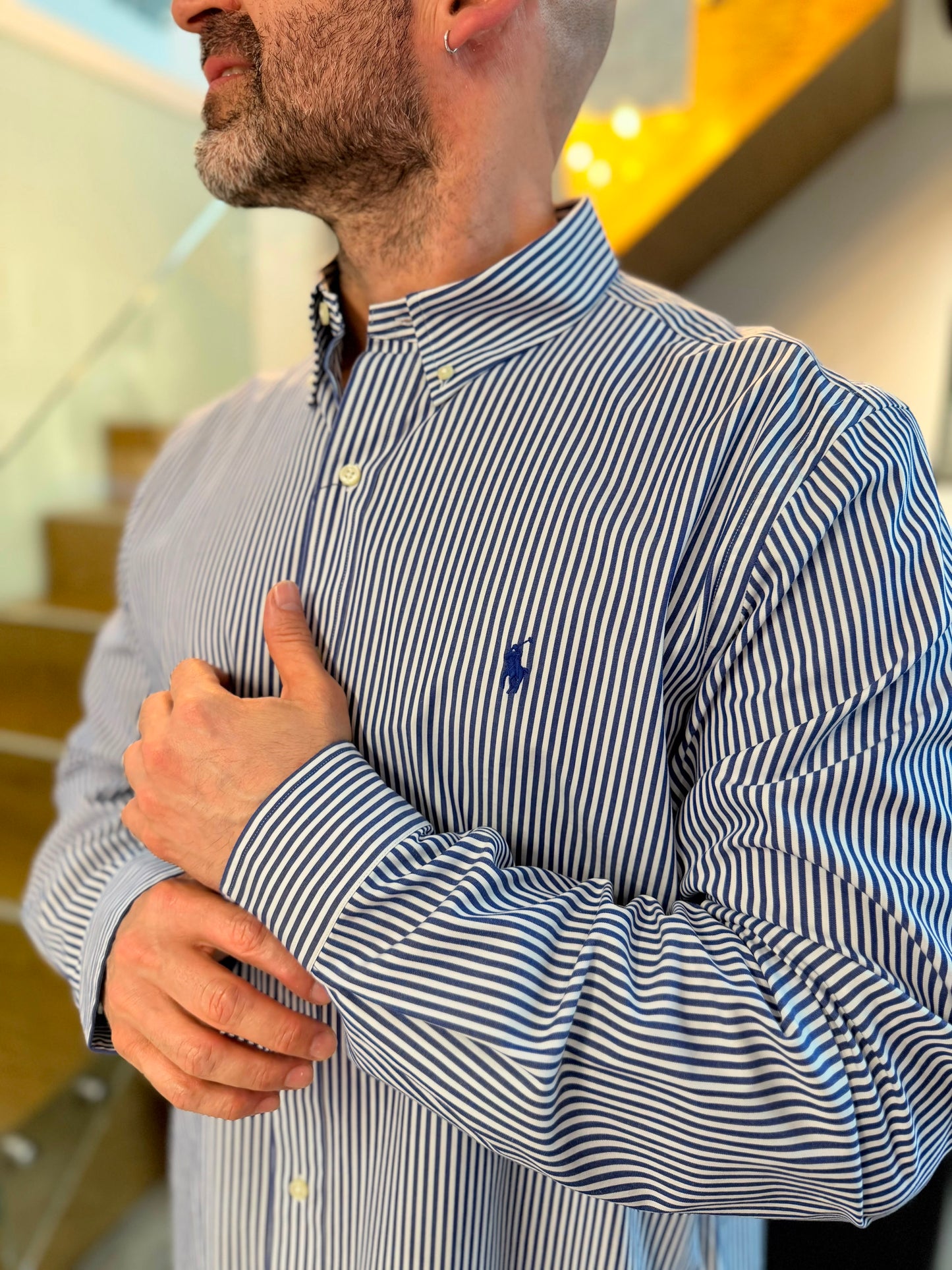 Camisa Polo R.L hombre Algodón Rayas Azules Con Blanco Caballo Azul