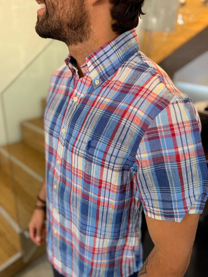 Camisa Polo R.L hombre Lino Manga Corta Custom Fit Cuadros Colores Caballo Azul