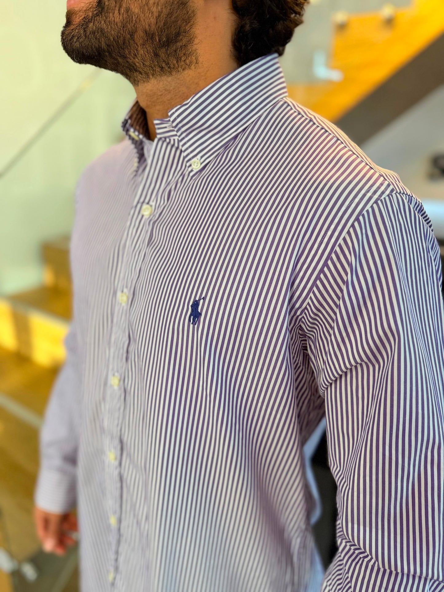 Camisa Polo R.L hombre Algodón Rayas Moradas Con Blanco Caballo Azul
