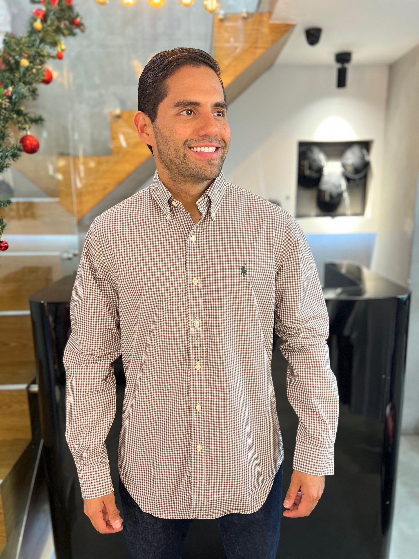 Camisa Polo R.L hombre Algodón Cuadros Café Caballo Verde