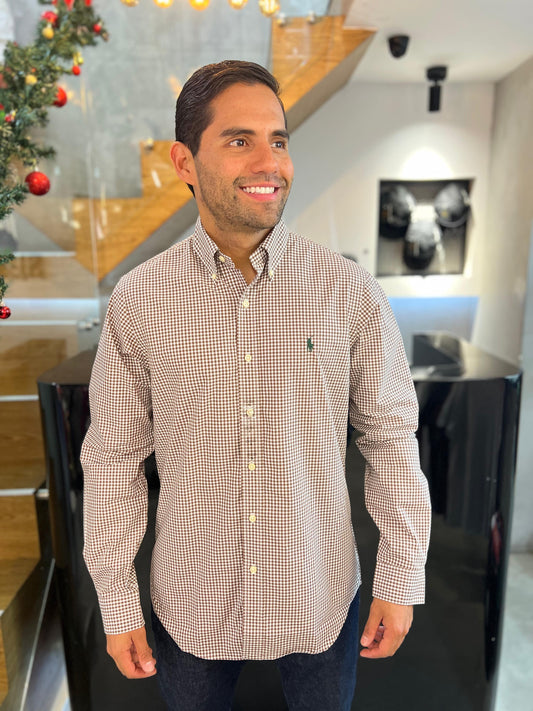 Camisa Polo R.L hombre Algodón Cuadros Café Caballo Verde