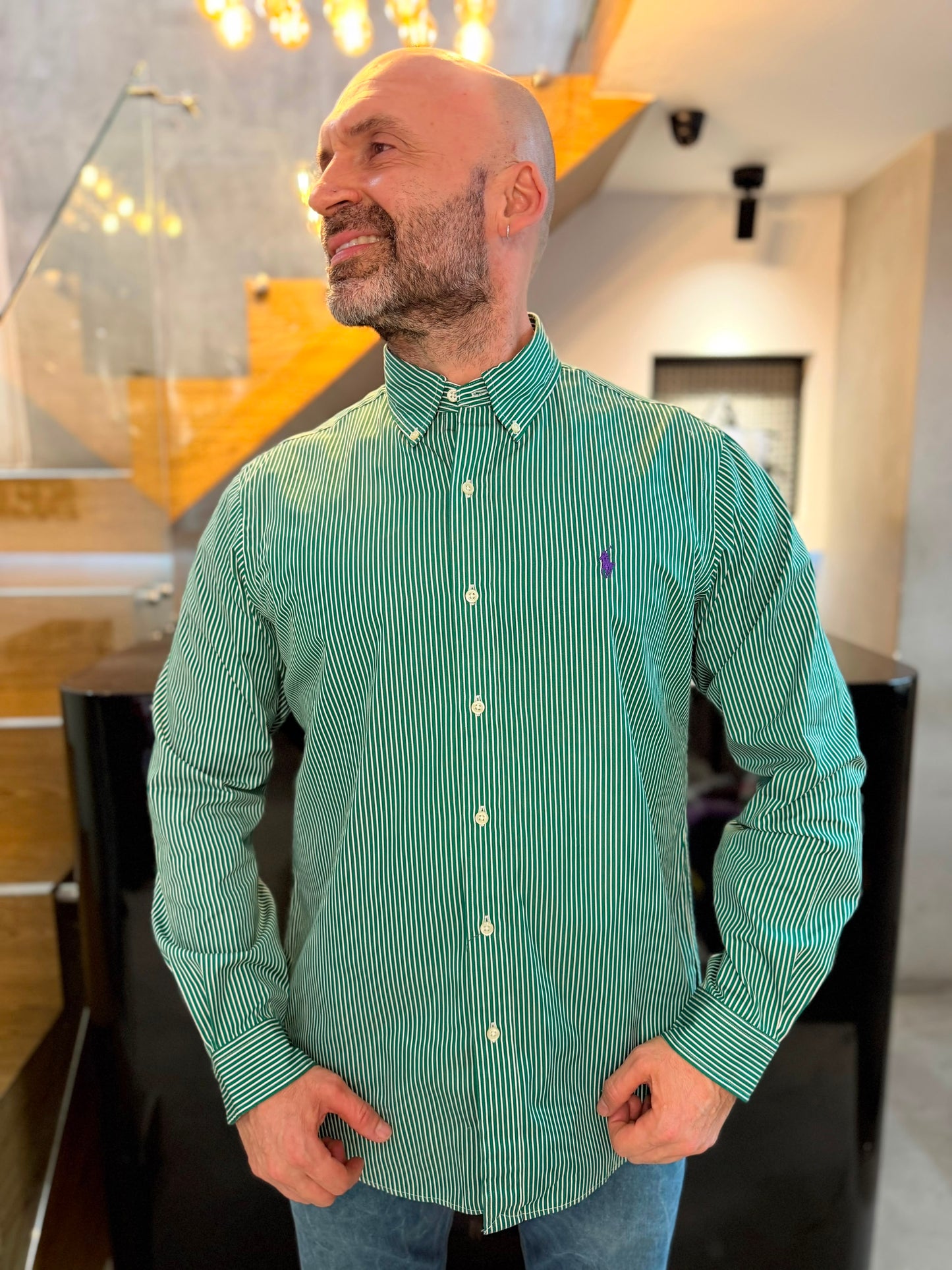 Camisa Polo R.L hombre Algodón Rayas Verdes Caballo Morado